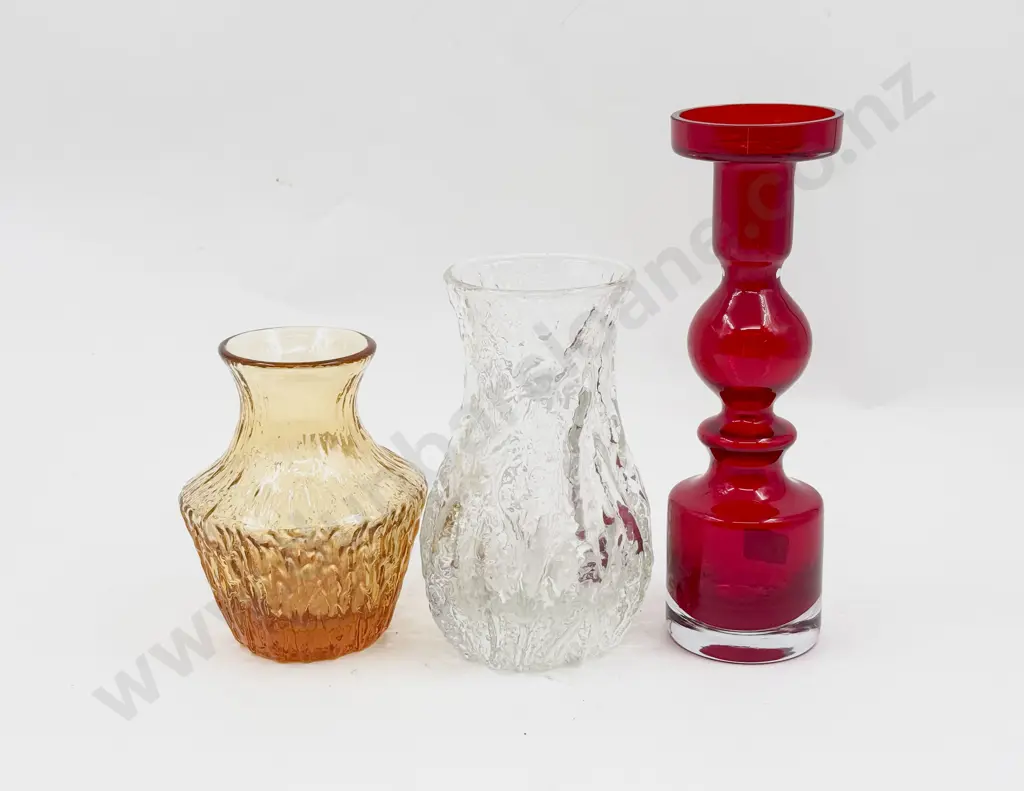 Whitefriars Clear Bark and 9832 Pot Belly Gold Textured Vases and Other Ruby Red Image 1++