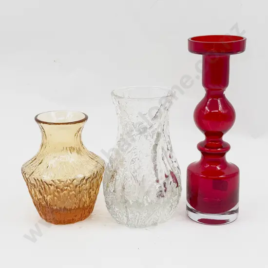 Whitefriars Clear Bark and 9832 Pot Belly Gold Textured Vases and Other Ruby Red