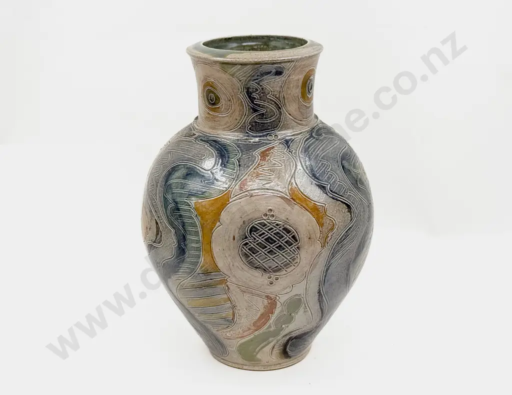 C20th Unmarked Studio Pottery Salt Glazed all Incised Decoration Vase Image 1++