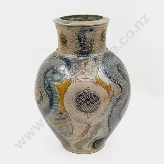 C20th Unmarked Studio Pottery Salt Glazed all Incised Decoration Vase