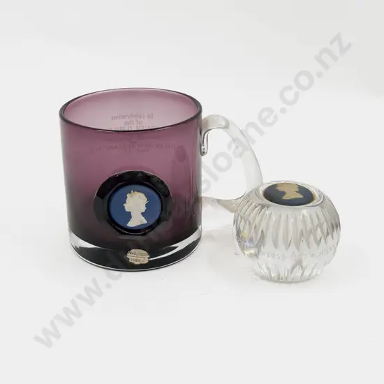 Wedgwood Jasperware & Glass QEII Silver Jubilee Mug & Paperweight