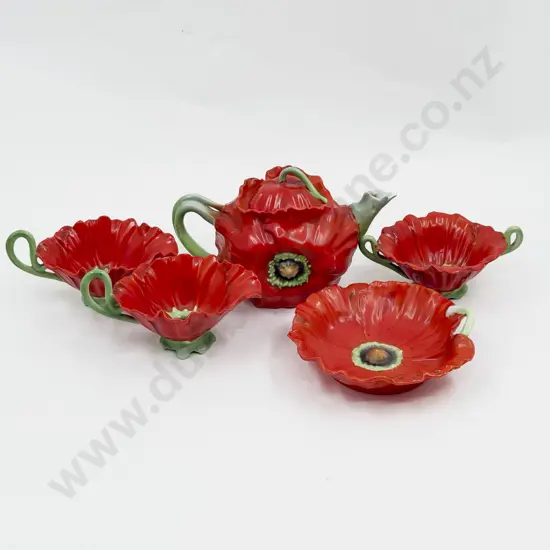 Royal Bayreuth Moulded Poppy Teapot Sugar & Cream With Other Jug & Dish