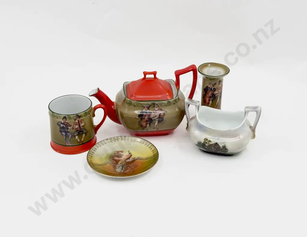 Royal Bayreuth Printed Ware Teapot Mug Candlestick With Two Other Pieces Image 1++