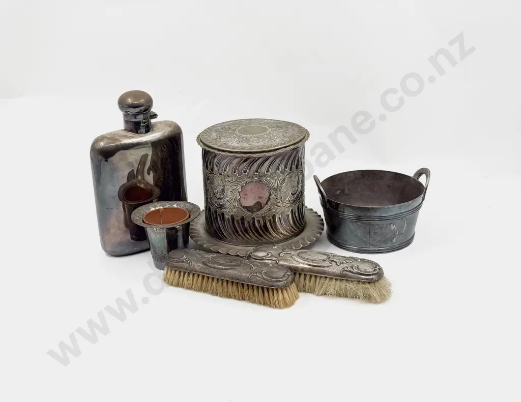 S/P Biscuit Barrel Hip Flask Planters & Pair S/S Backed Brushes Image 1++