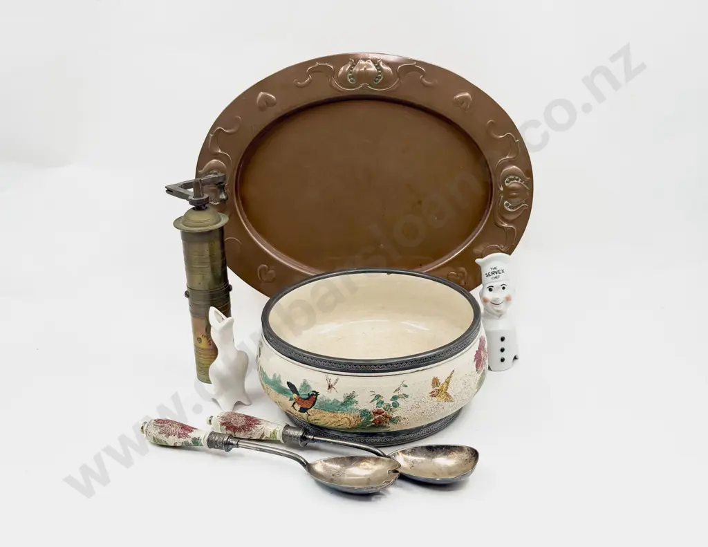 Victorian Metal Rimmed Salad Bowl With Servers Pie Funnels & Brass Grinder & Tray Image 1++