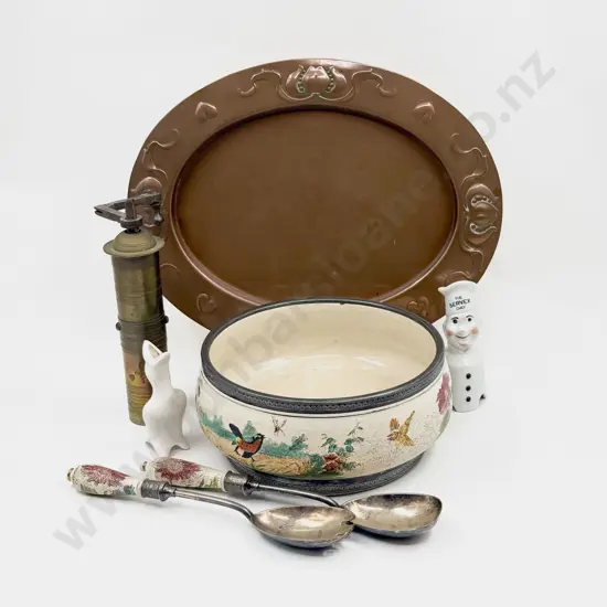 Victorian Metal Rimmed Salad Bowl With Servers Pie Funnels & Brass Grinder & Tray