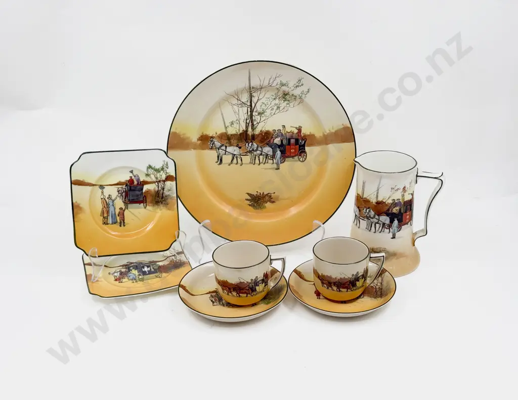 Royal Doulton Coaching Scene Head Rack Plate Two Cup Saucer Plates & Jug Image 1++