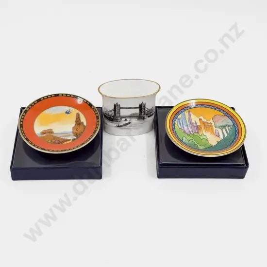 Two Commemorative Royal Worcester Jam Dishes & Tower Bridge Toothpick Holder