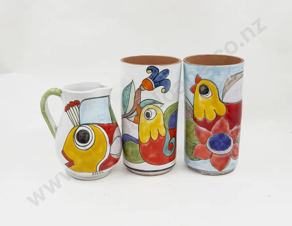 Two Nino Parrucca Decoratively Glazed Terracotta Containers & Jug Image 1++