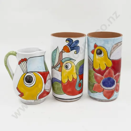 Two Nino Parrucca Decoratively Glazed Terracotta Containers & Jug