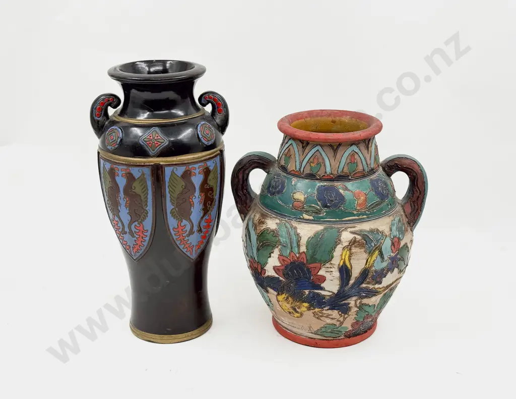 Early C20th Japanese Enamel Decorated on Black Mantel Urn Image 1++