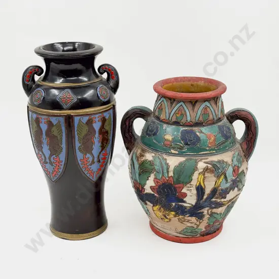 Early C20th Japanese Enamel Decorated on Black Mantel Urn