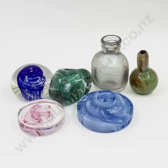 Five Various Heavy Glass Paperweights & Receptacles With Odd Stopper