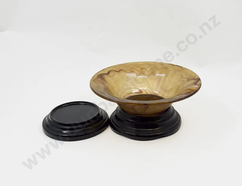 Art Deco Amber Cloud Glass Table Bowl On Black Stand With Other Stand Image 1++
