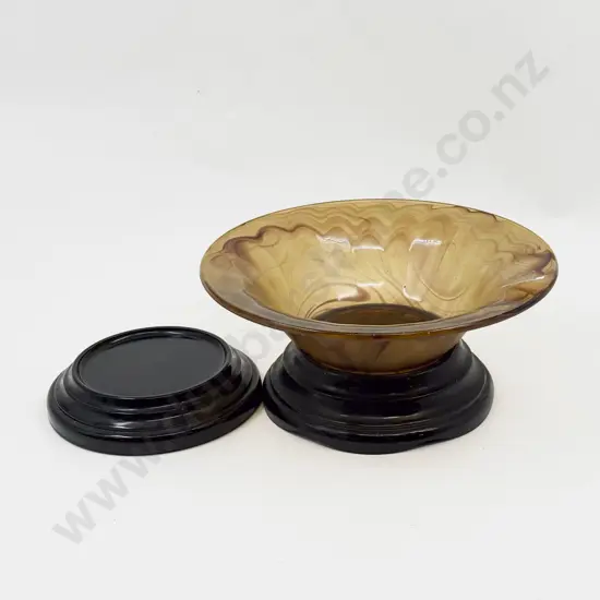 Art Deco Amber Cloud Glass Table Bowl On Black Stand With Other Stand