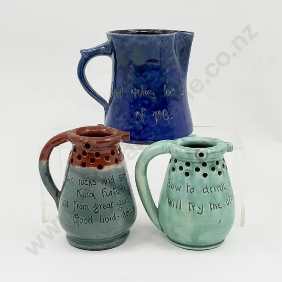 Two Brannam Pottery Motto Puzzle Jugs & Jug