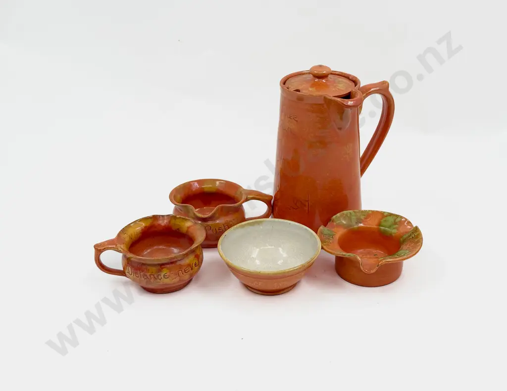 Brannum Pottery Motto Ware Water Jug & Three Pots Image 1++