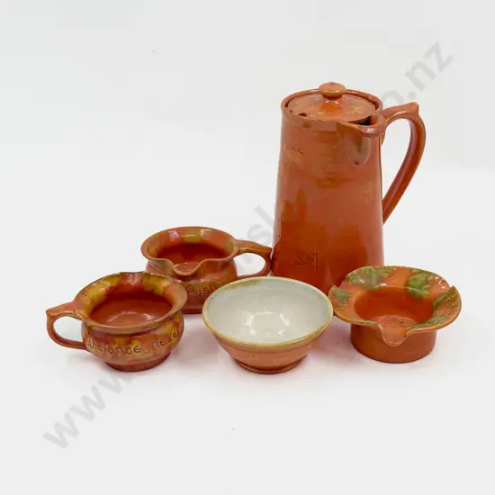 Brannum Pottery Motto Ware Water Jug & Three Pots