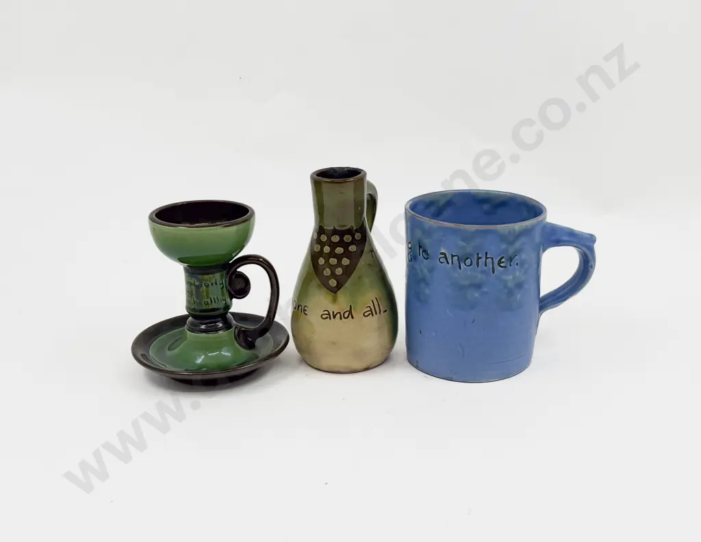 Brannum Pottery Motto Ware Mug Candlestick & Ewer Image 1++