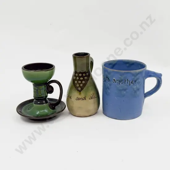 Brannum Pottery Motto Ware Mug Candlestick & Ewer