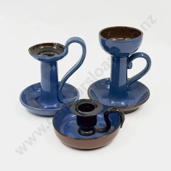 Three Brannum & Other Pottery Chamber Sticks