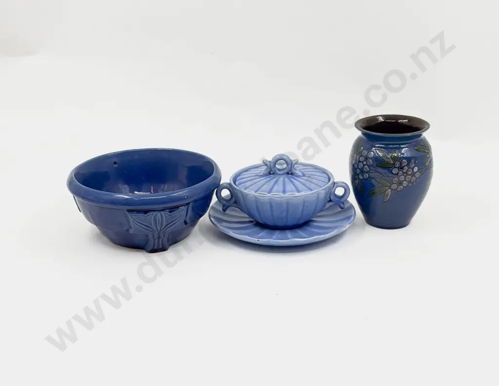 Brannum Pottery Covered Soup Bowl on Tray With Bowl & Vase Image 1++