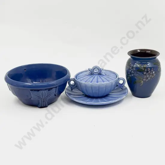 Brannum Pottery Covered Soup Bowl on Tray With Bowl & Vase