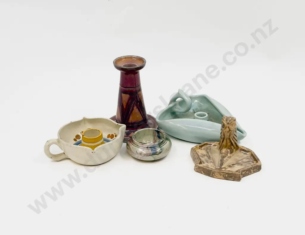 English Pottery Three Chambersticks Owl Dish & Salt Pot Image 1++