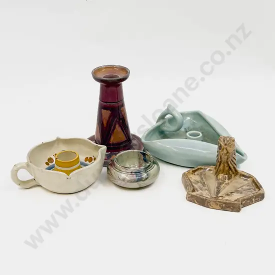 English Pottery Three Chambersticks Owl Dish & Salt Pot