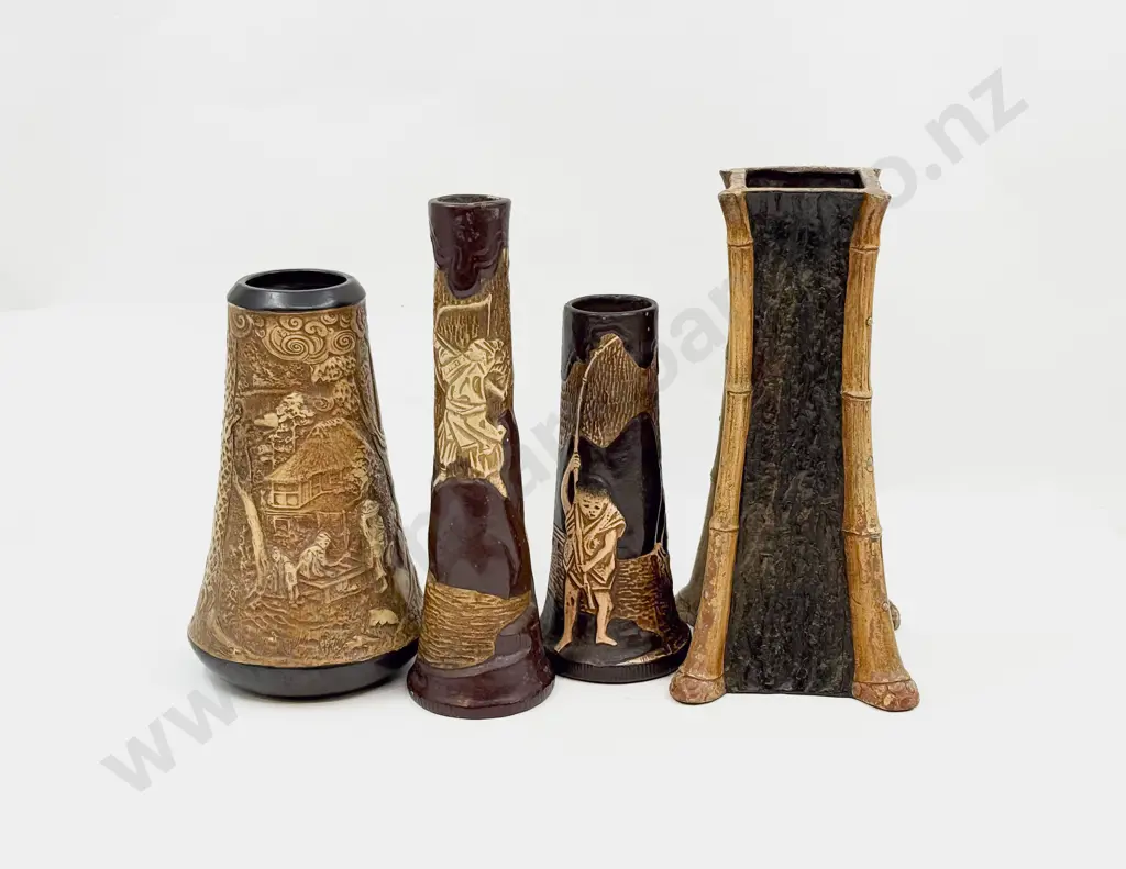 Four Early C20th Bretby Chinoiserie Patter Relief Moulded Vases Image 1++