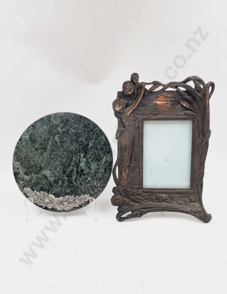 Art Nouveau Style Cooper Photo Frame Together with Circular Marble Dish Image 1++