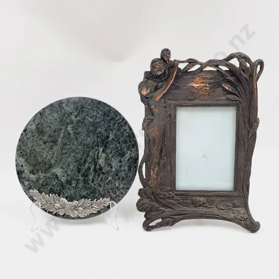 Art Nouveau Style Cooper Photo Frame Together with Circular Marble Dish