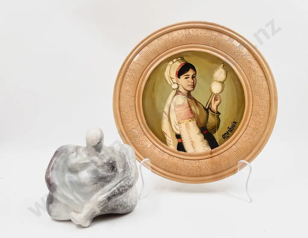 Seated Pottery Figure & Turned Wood Plate Image 1++