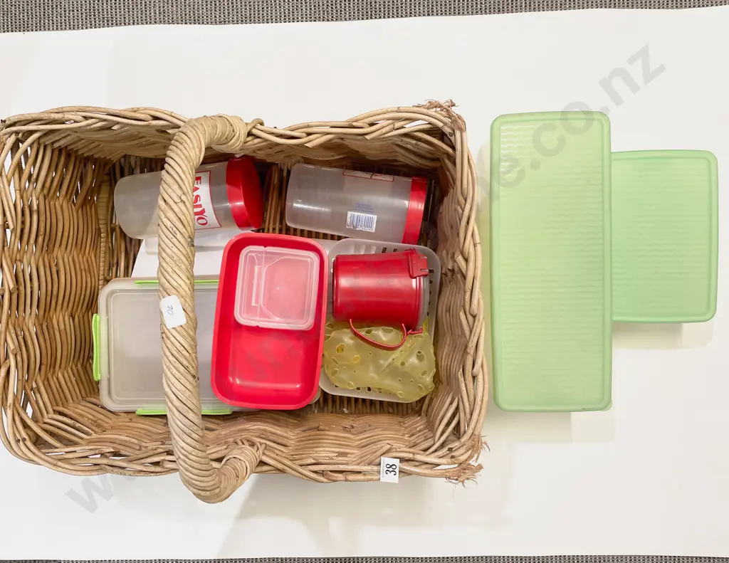 Wicker Basket of Assorted Storage Containers etc Image 1++