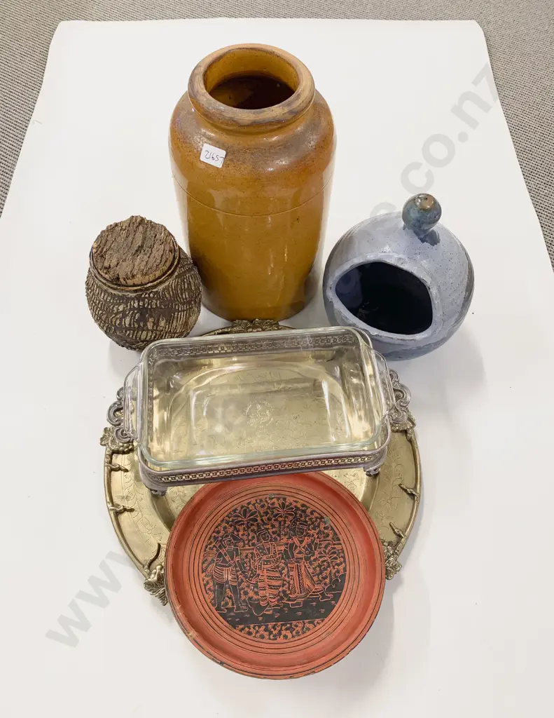 Box Quantity of Assorted including Heavy Brass Tray Stoneware Crock Etc Image 1++