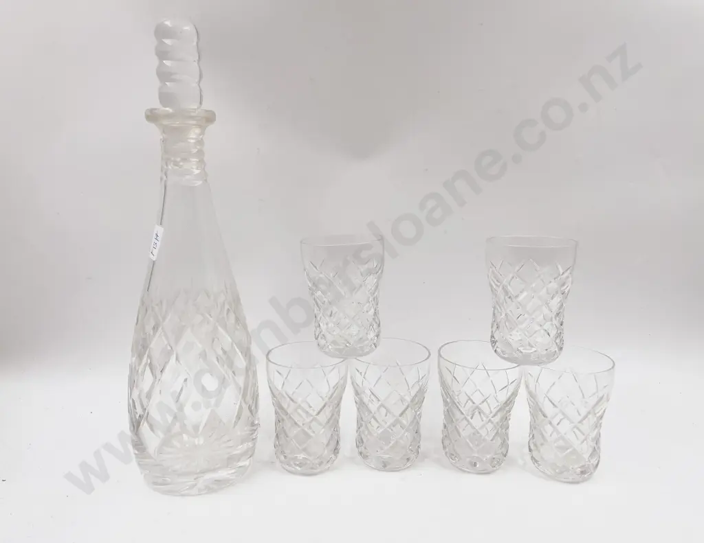 Crystal Decanter with Six Small Tumblers & Pressed Glass Bowl Image 1++