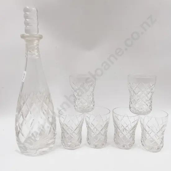 Crystal Decanter with Six Small Tumblers & Pressed Glass Bowl