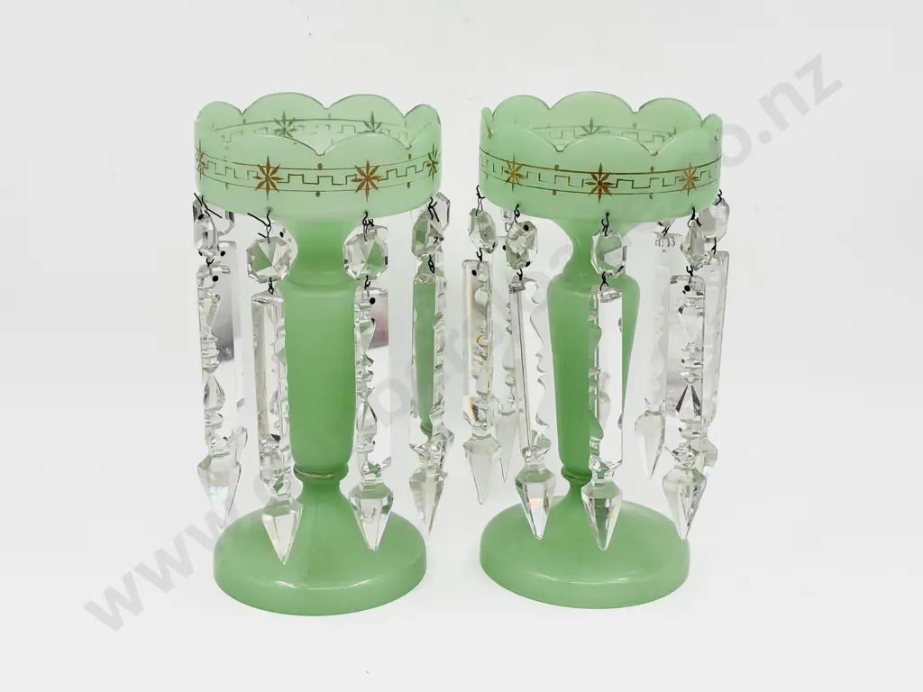 Pair of Green Glass Lustres with Cut Glass Drops Image 1++