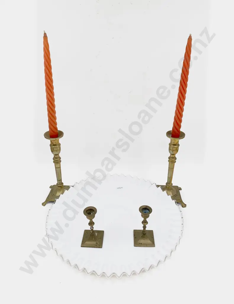 Decorative Glass Pedestal Tray & Two Pairs of Brass Candlesticks Image 1++