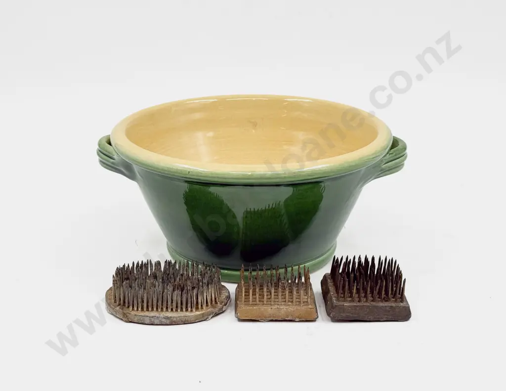 French Country Collection Handled Bowl & Three Flower Frogs Image 1++