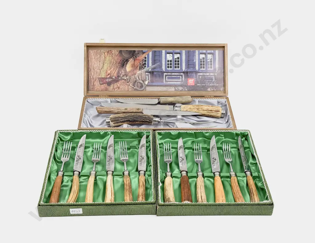 Horn Handled Carving Set Together with Two Boxed Horn Handled Steak Knife Sets Image 1++