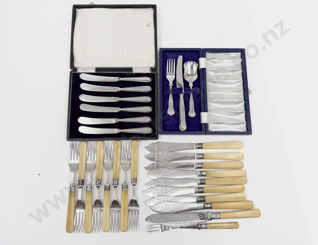 Two Case Sets of Cutlery Together with Assorted Bone Handled Cutlery Image 1++