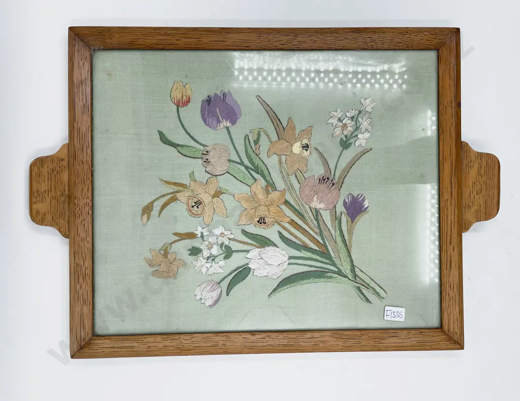 Oak Tray with Central Needlepoint Decoration Image 1++