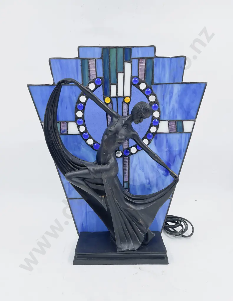 Art Nouveau Style Figural Table Lamp with Stained Glass Backing Image 1++