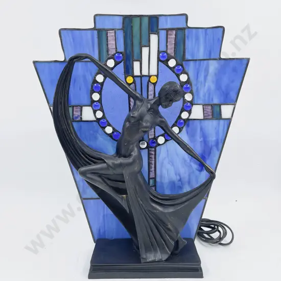 Art Nouveau Style Figural Table Lamp with Stained Glass Backing