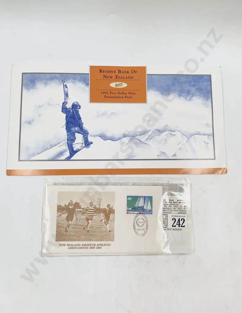 NZ 1992 Five Dollar Note Presentation Pack and 1987 Athletic FDC Image 1++