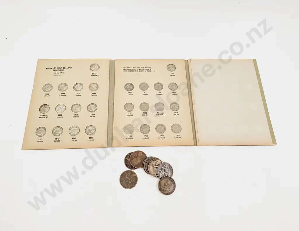 NZ Bertrand Sixpences Album with 1935 (incomplete) and ten Victoria pennies (worn) Image 1++