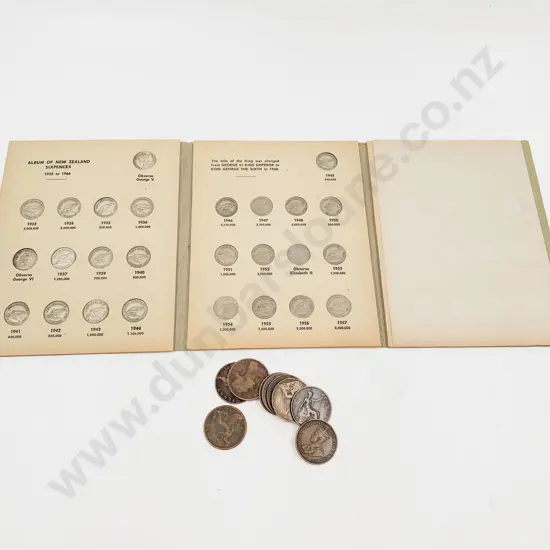 NZ Bertrand Sixpences Album with 1935 (incomplete) and ten Victoria pennies (worn)