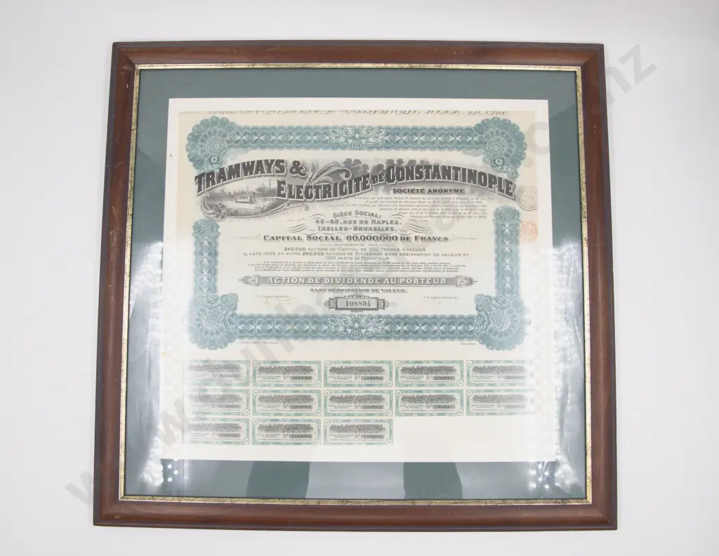 Framed Constantinople Tramway and Electricity Joint Stock Company Stock Certificate Image 1++