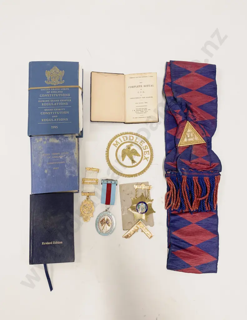 Brief Case Masonic Regalia Two Aprons Two Sash with adornments three medals and assorted Image 1++